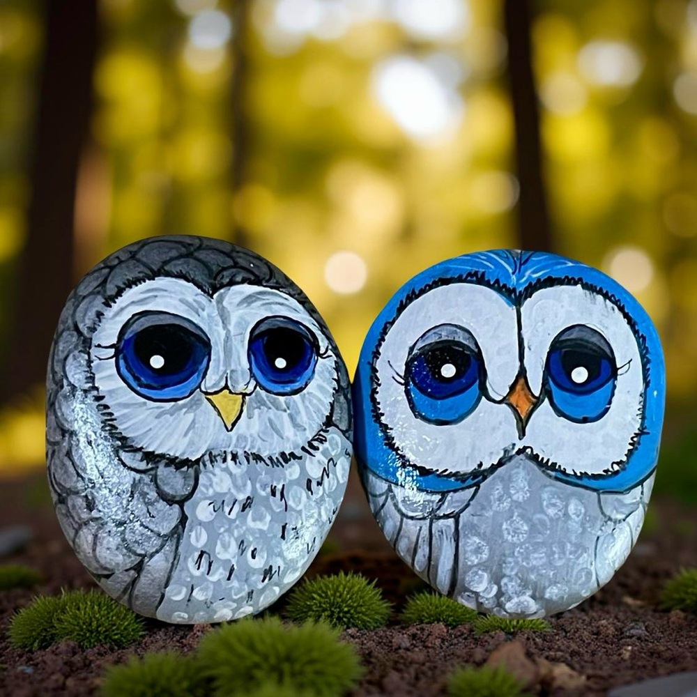 Hand crafted painted OWL rocks yellow gray blue orange white set of 2 big eyes